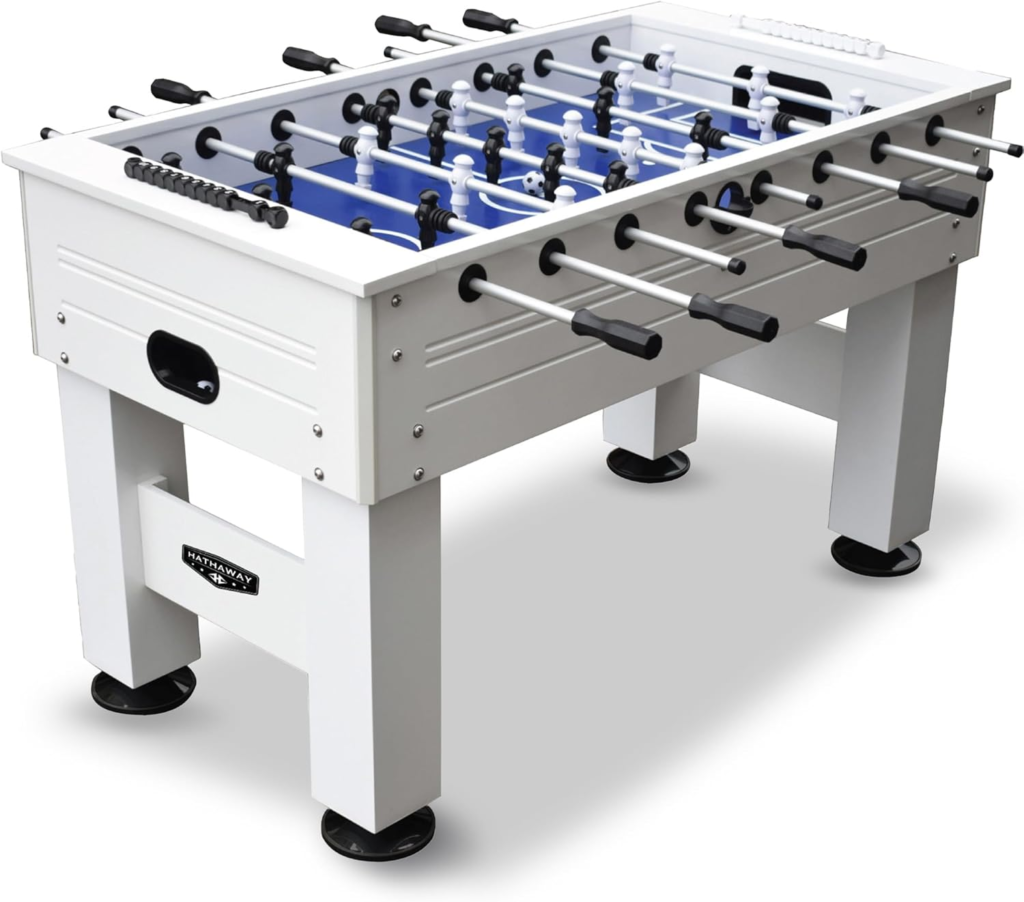 Hathaway Highlander 55-in Outdoor Foosball Table Adult Size - White Soccer Table Game Set with Waterproof Surface, Anti-Rust Rods, Ergonomic Handles, Nylon Cover, 2 Scorers, and 2 ABS Foosball Balls